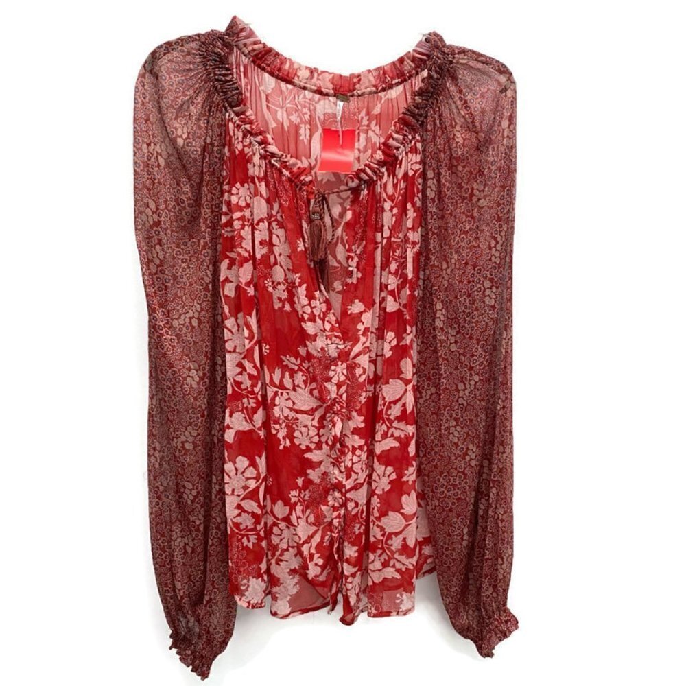 Free People Red & Ivory Floral Chiffon Blouse